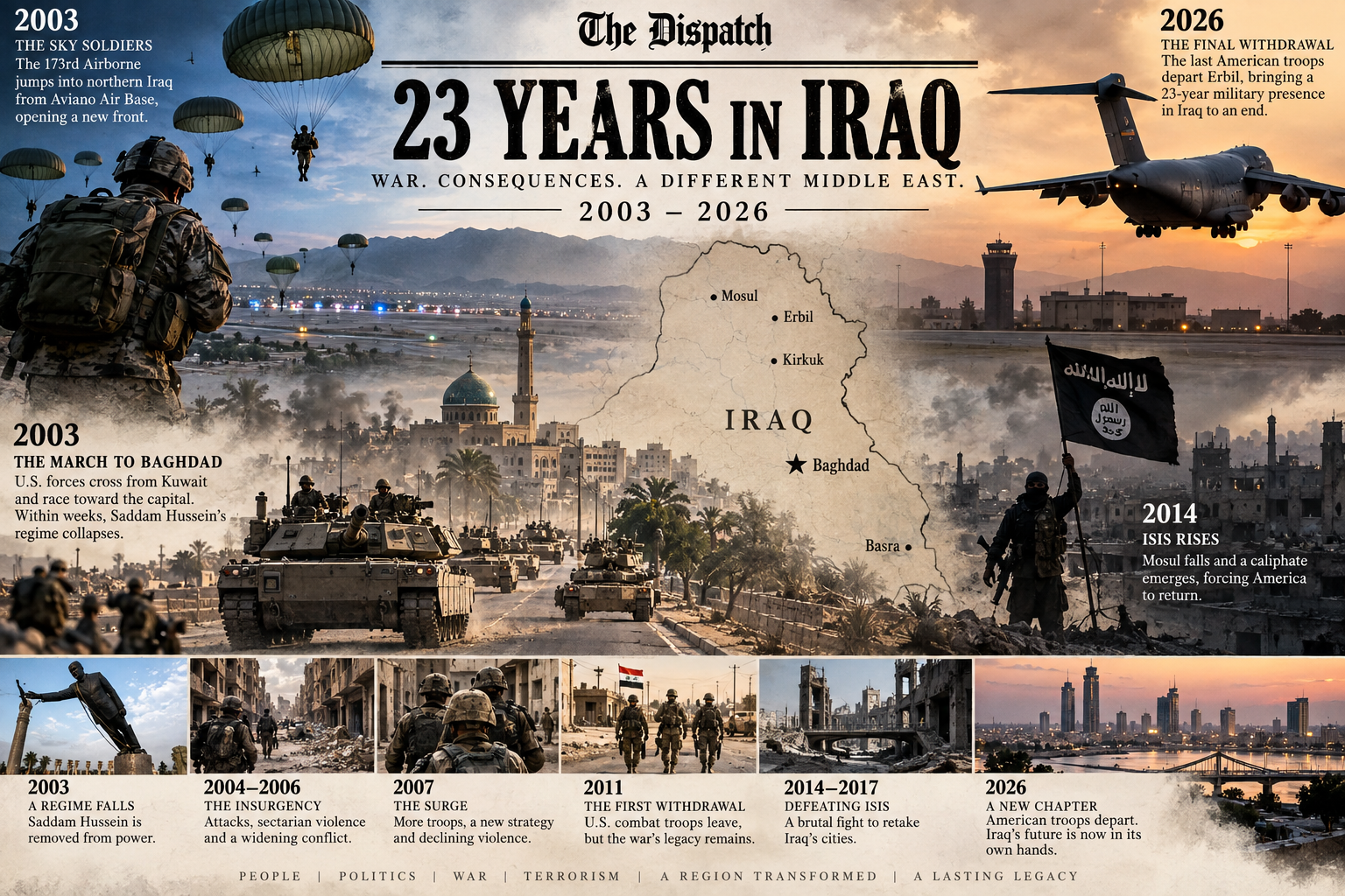 The Dispatch graphic tracing 23 years of American military operations in Iraq from the 173rd Airborne jump and march to Baghdad in 2003 through the final withdrawal in 2026