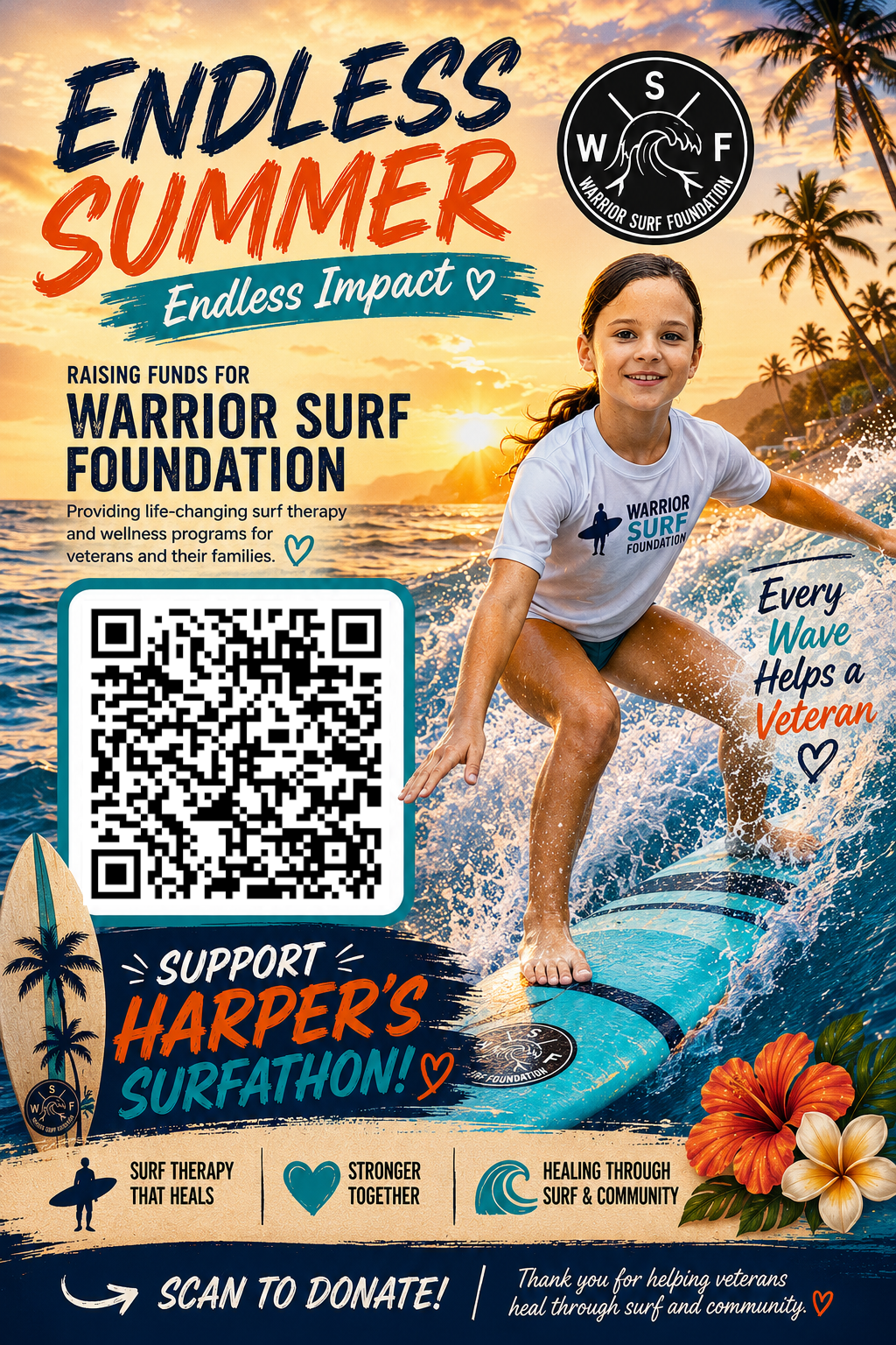 Endless Summer Surfathon poster supporting Harper's fundraiser for Warrior Surf Foundation