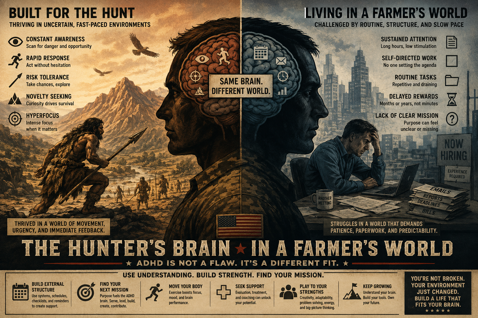 World War II inspired Dispatch artwork showing the hunter brain in a farmer's world concept