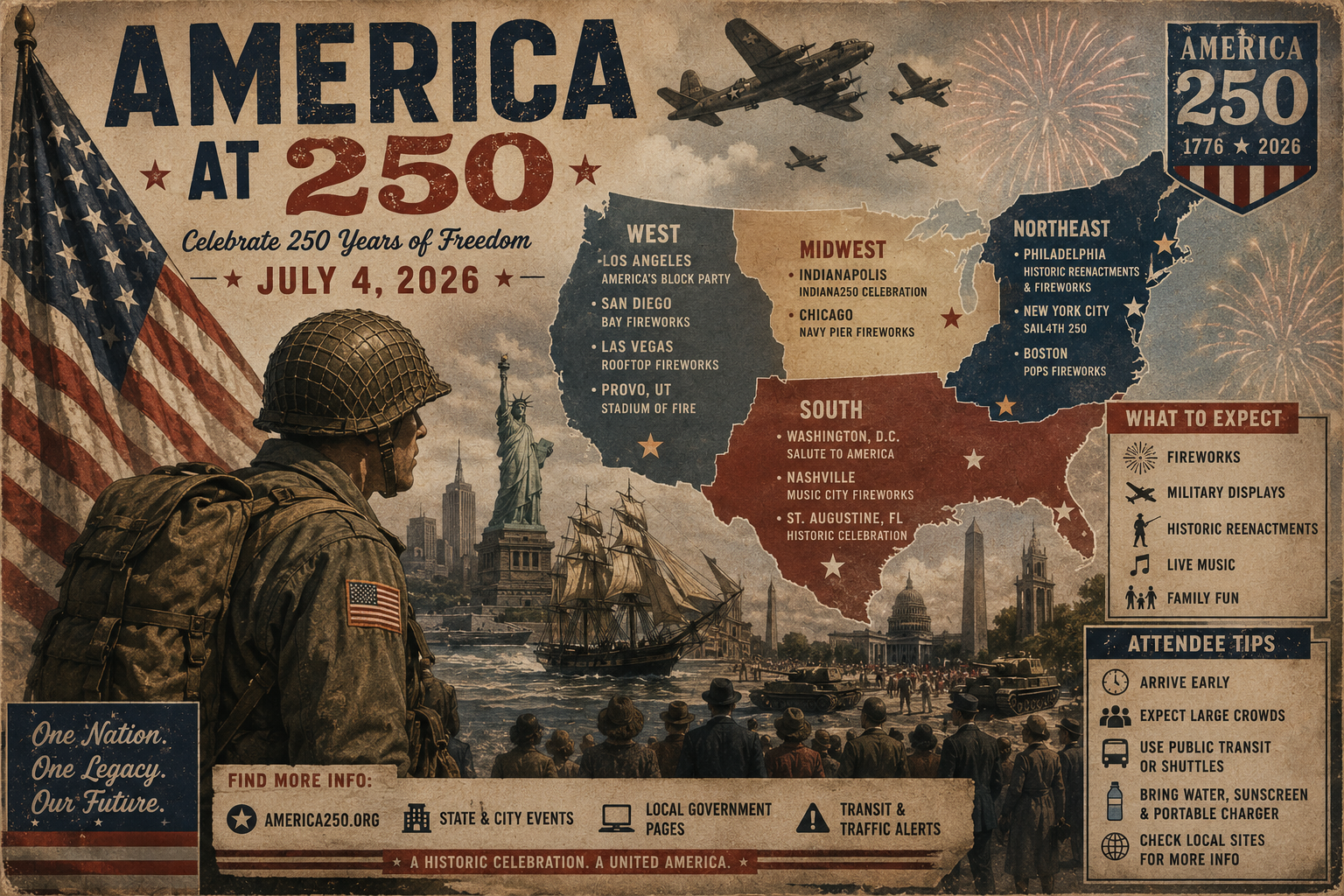 World War II inspired Dispatch artwork showing America at 250 with a regional map, fireworks, tall ships, and July 4th event highlights