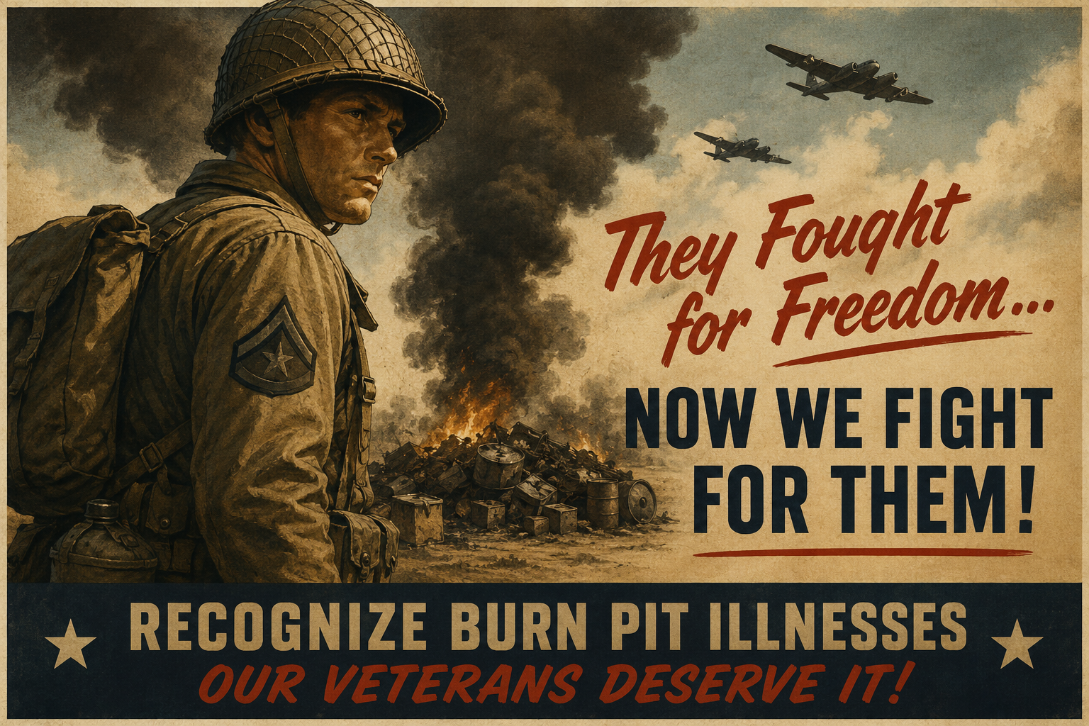 World War II inspired Dispatch artwork showing a soldier near smoke from a burn pit