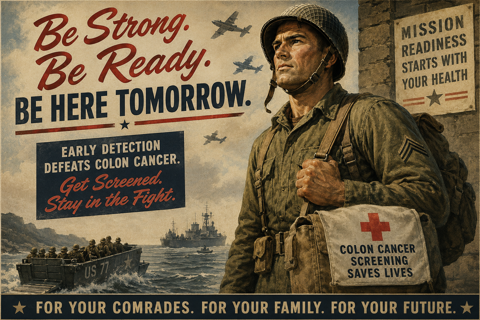 World War II inspired public-health poster encouraging colon cancer screening and early detection