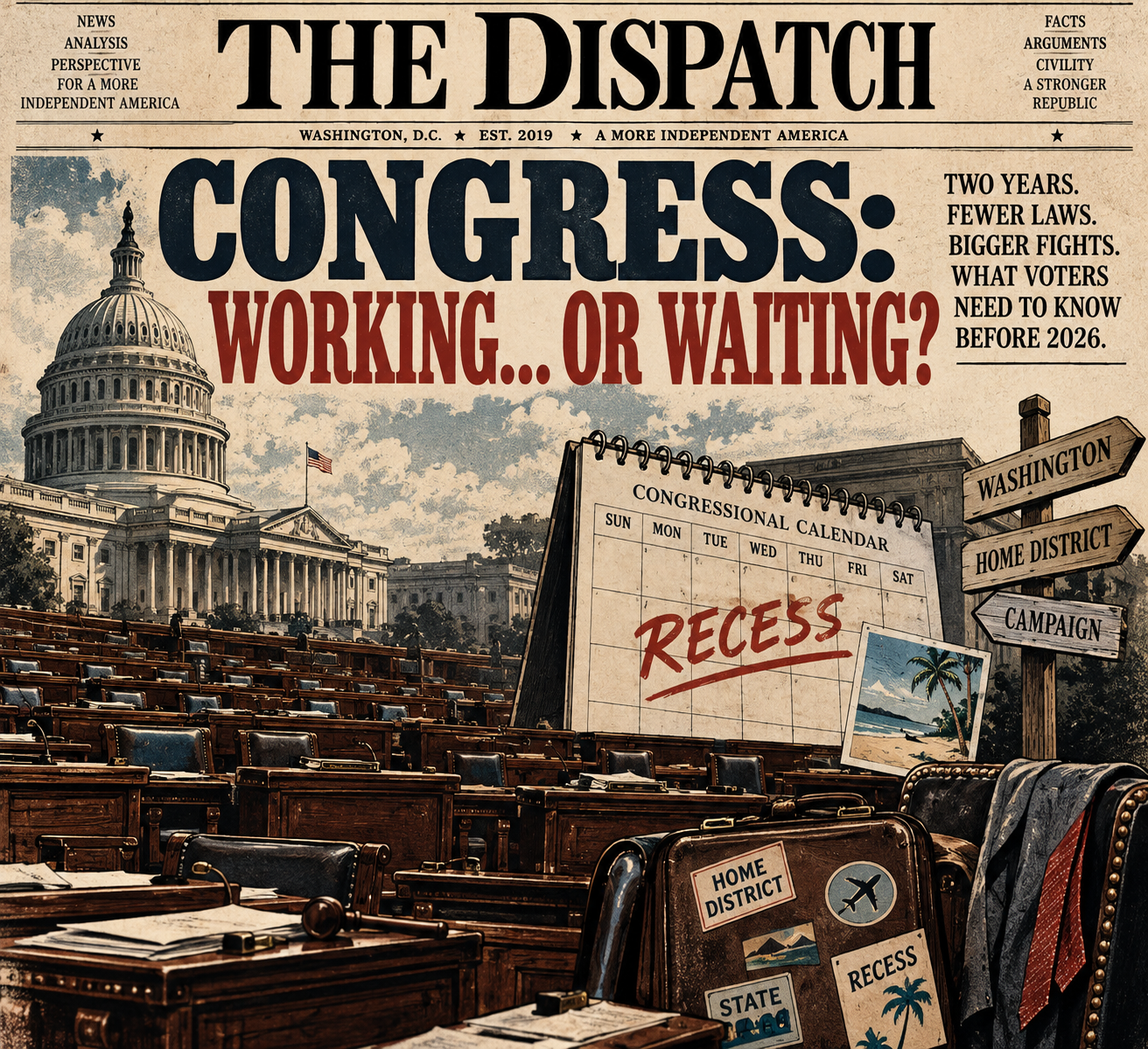 World War II inspired Dispatch artwork depicting the U.S. Capitol, an empty congressional chamber, a congressional calendar marked recess, and the headline Congress Working or Waiting