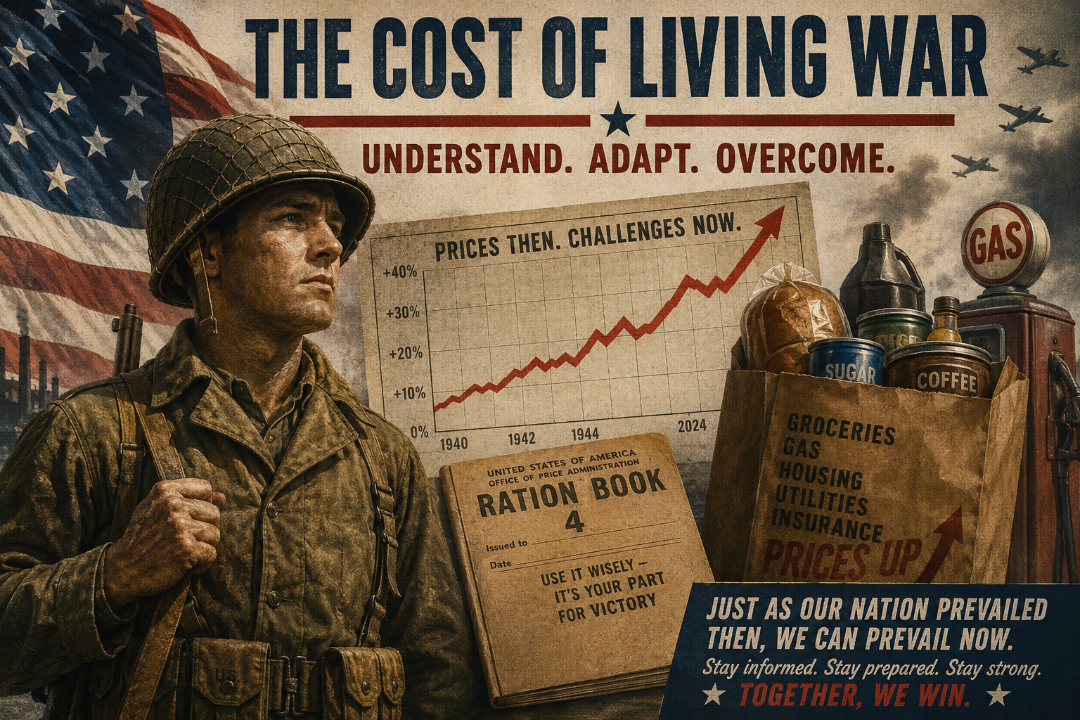 World War II inspired Dispatch artwork showing a soldier, rising price chart, groceries, gasoline, ration book, and cost of living warning