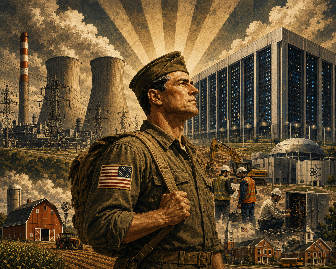 World War II inspired Dispatch artwork showing a veteran beside data centers, power infrastructure, farms, workers, and a local town