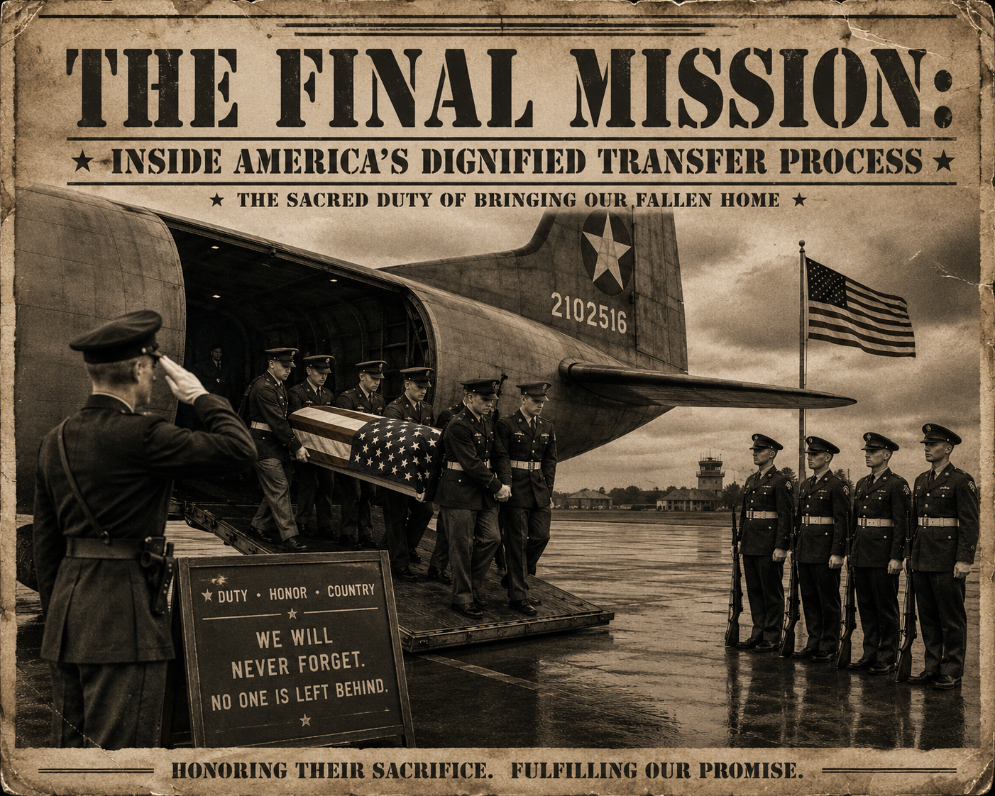 World War II inspired Dispatch artwork depicting a solemn military dignified transfer and flag-draped transfer case