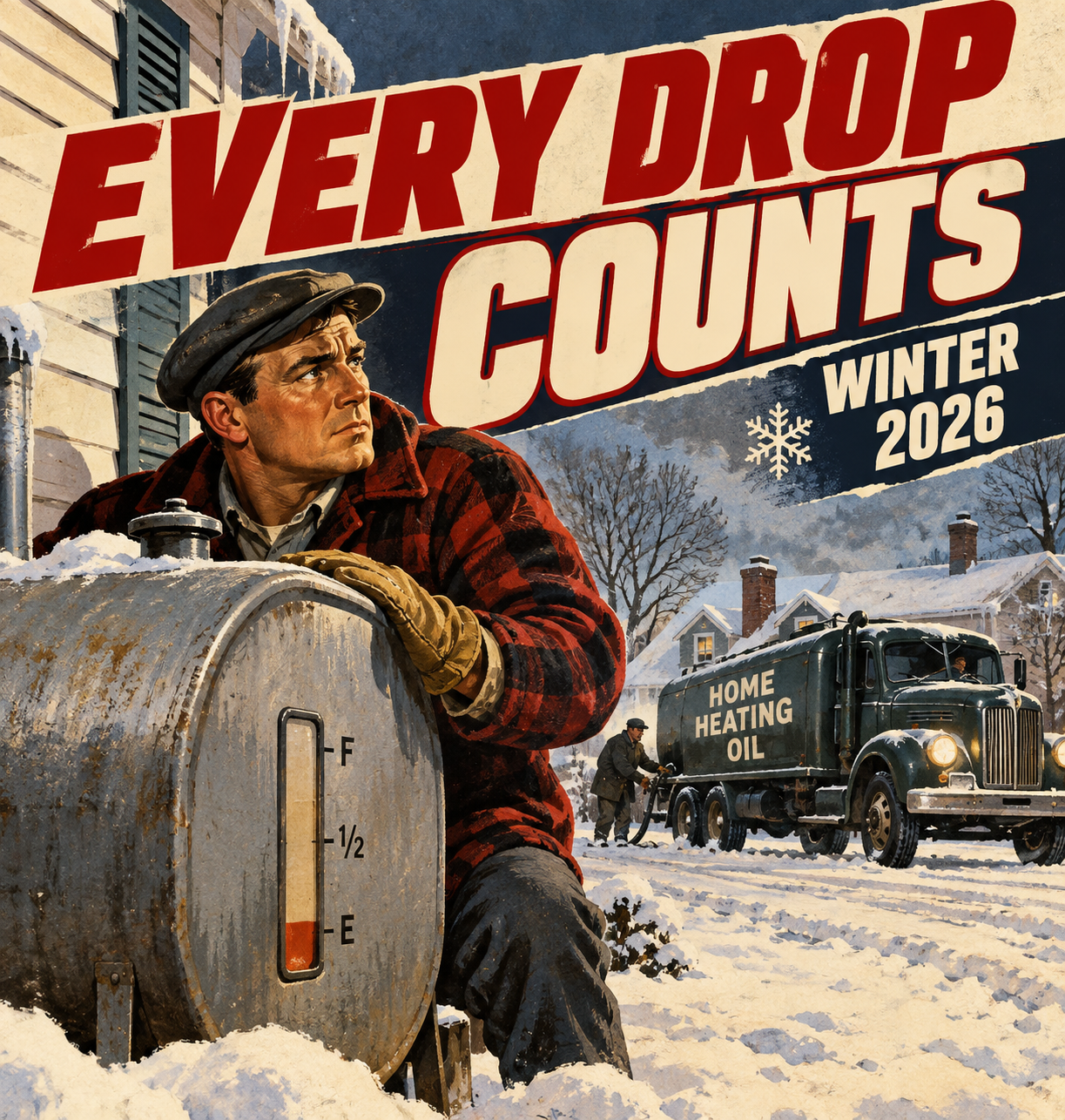 World War II inspired Every Drop Counts winter heating oil artwork showing a homeowner guarding a heating oil tank during winter