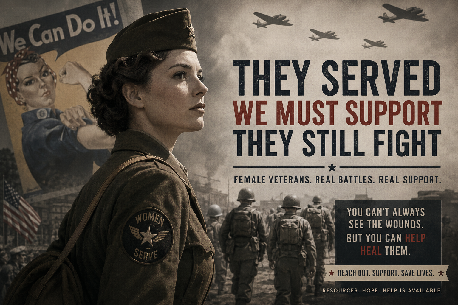 World War II inspired Dispatch artwork showing a female veteran and a message of support