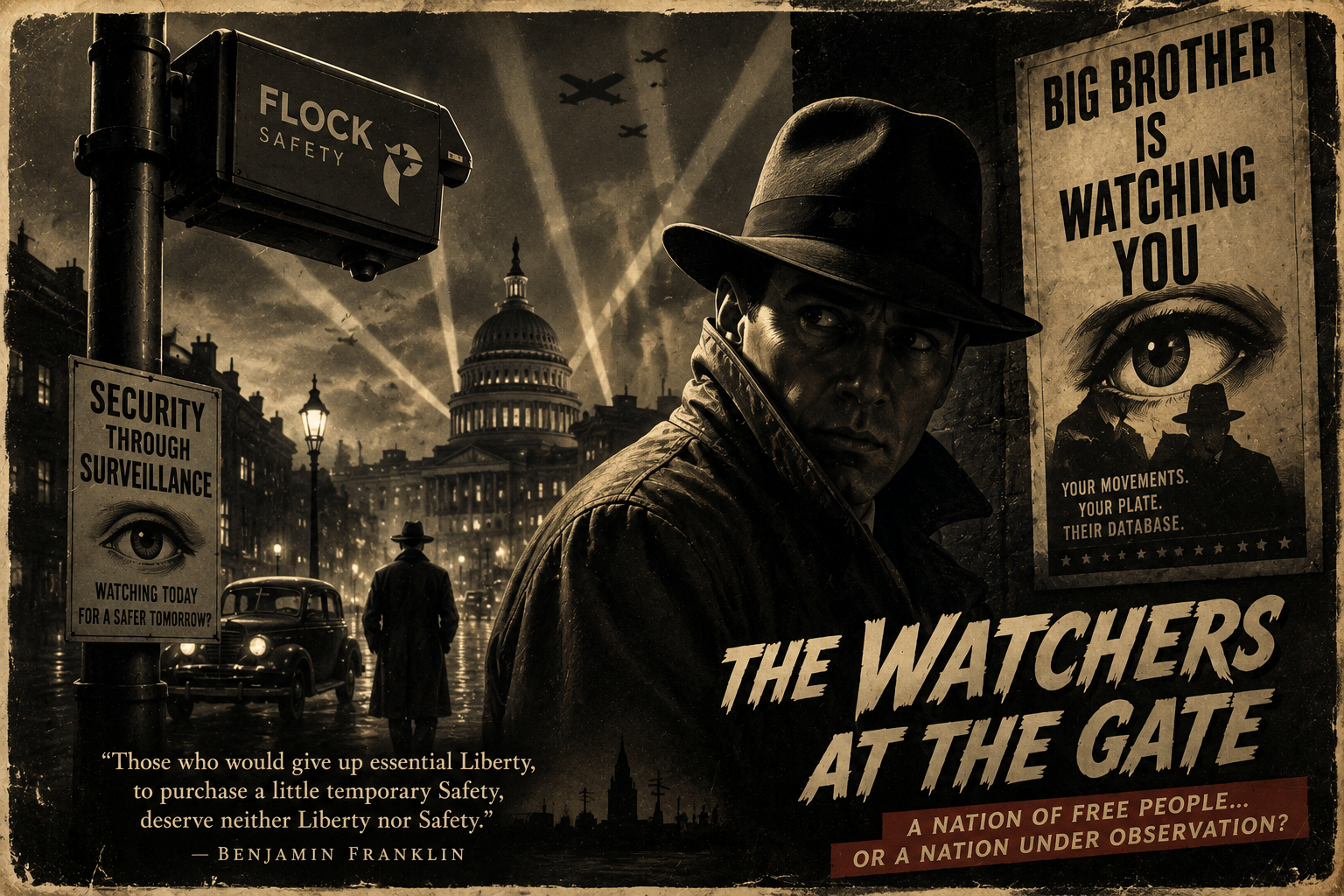 World War II inspired noir surveillance poster showing a trench-coated figure, a Flock camera, and an American city under observation