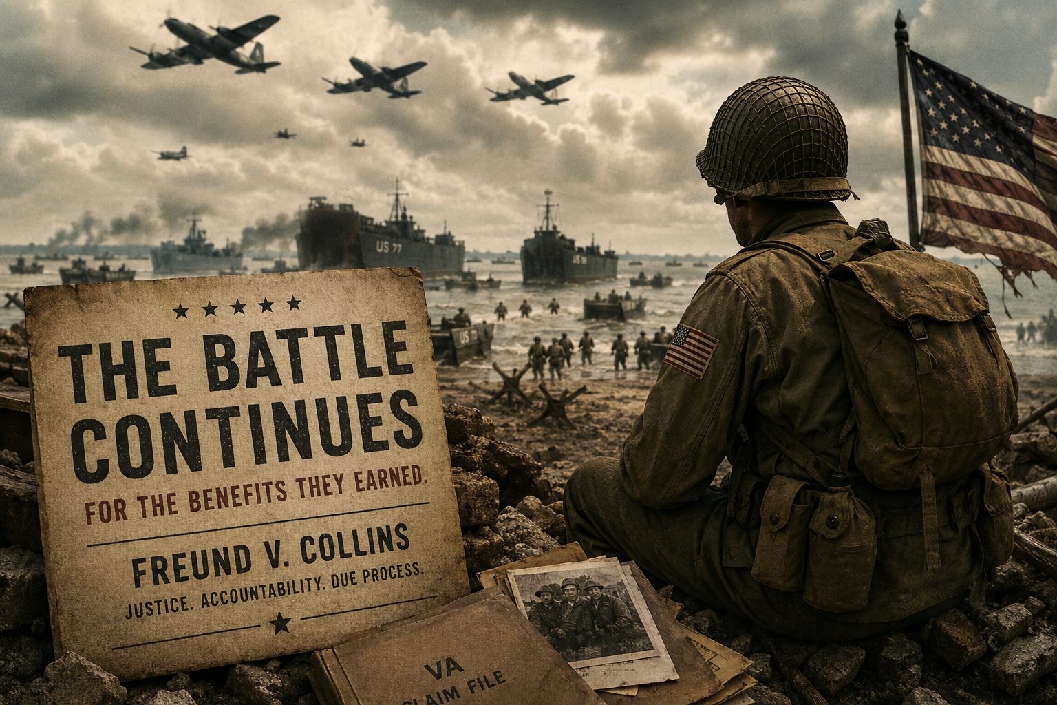 World War II inspired Dispatch artwork showing a soldier overlooking a battlefield with VA claim files and a battle continues sign