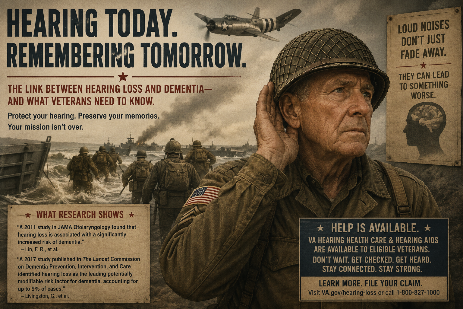 World War II inspired Dispatch artwork showing an older veteran listening closely, a wartime landing scene, and a message about hearing loss, memory, and veteran hearing care