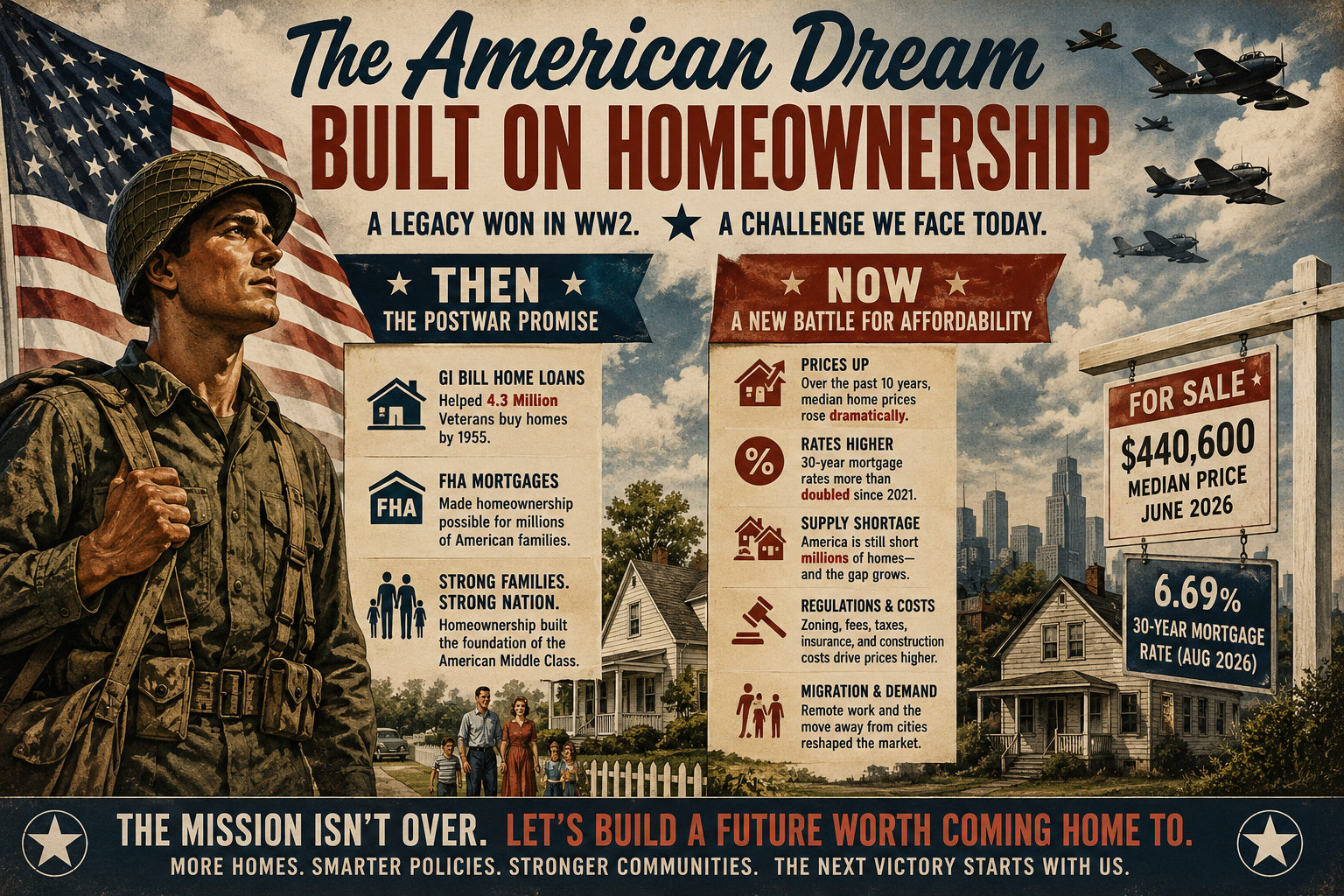 World War II inspired Dispatch artwork contrasting postwar American homeownership with the modern housing affordability crisis