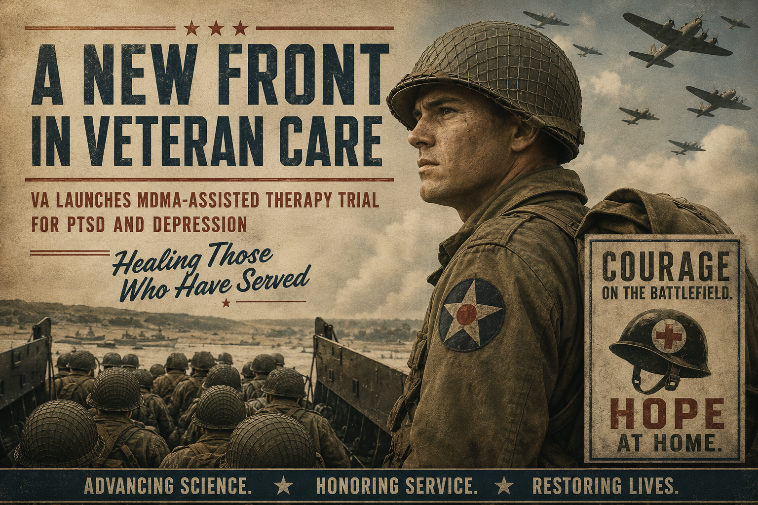 World War II inspired Dispatch artwork showing a soldier and medical aid theme for MDMA-assisted therapy research