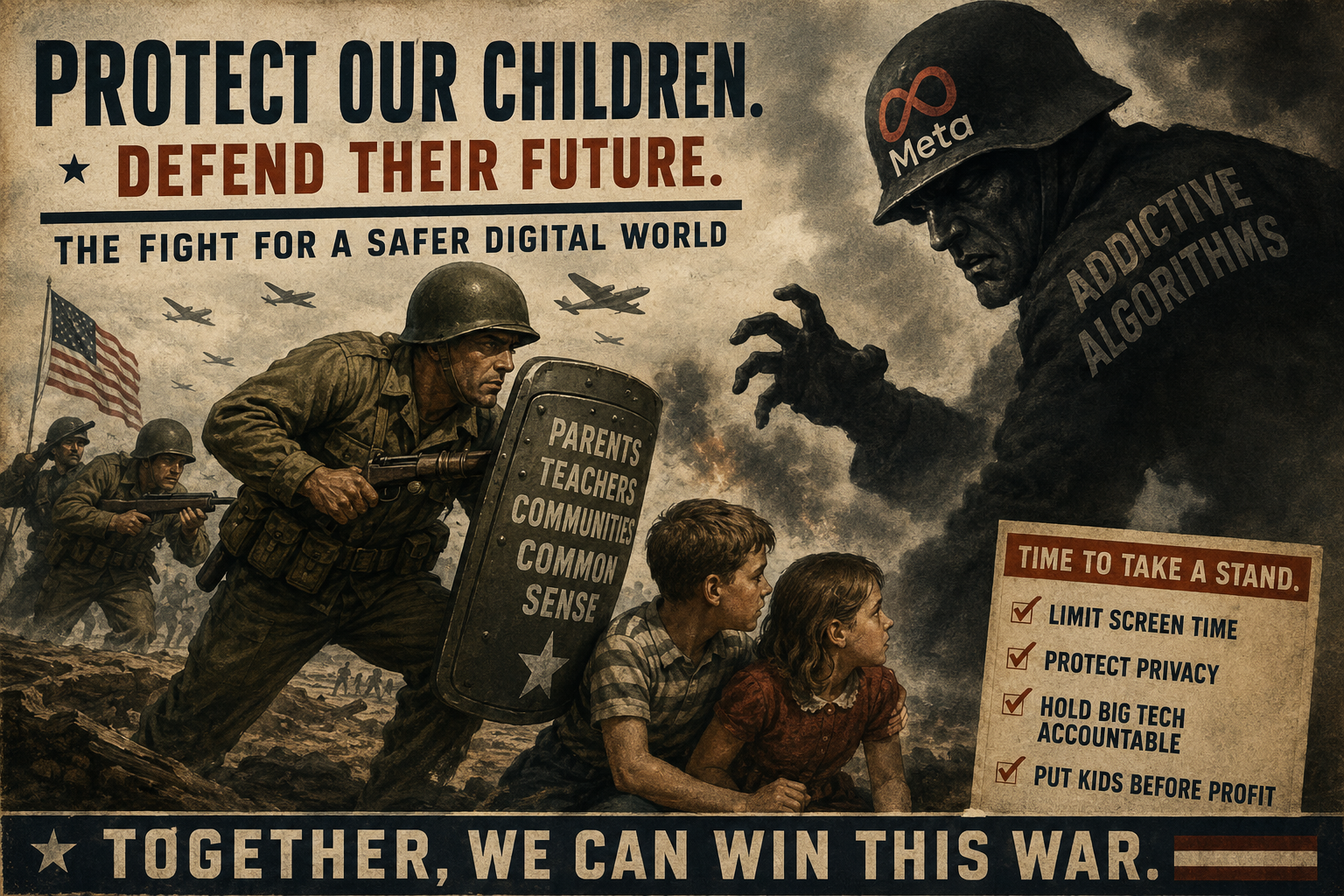 World War II inspired Dispatch artwork examining Meta, social media, children, and technology regulation
