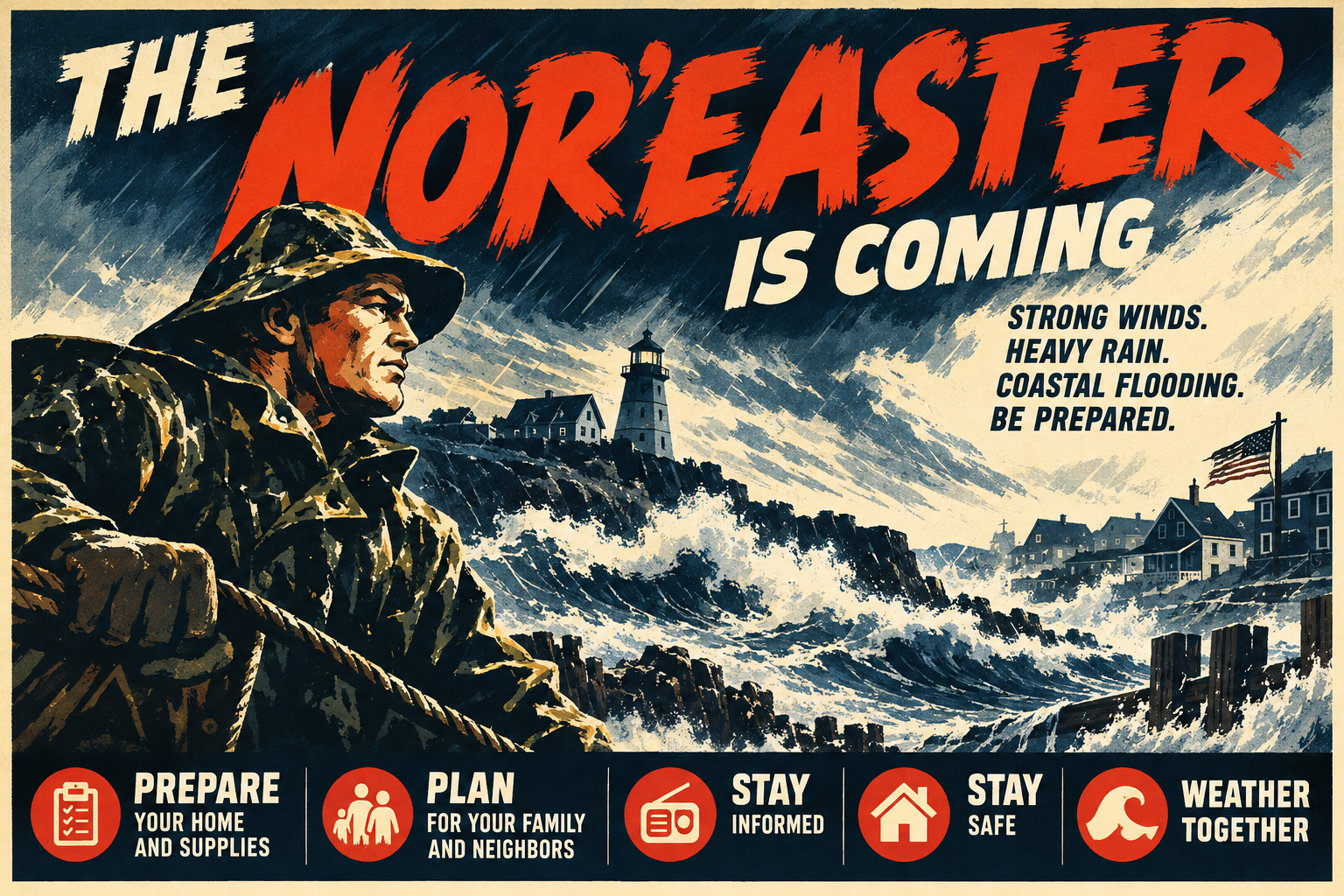 World War II inspired Dispatch artwork showing a powerful nor'easter striking a coastal community