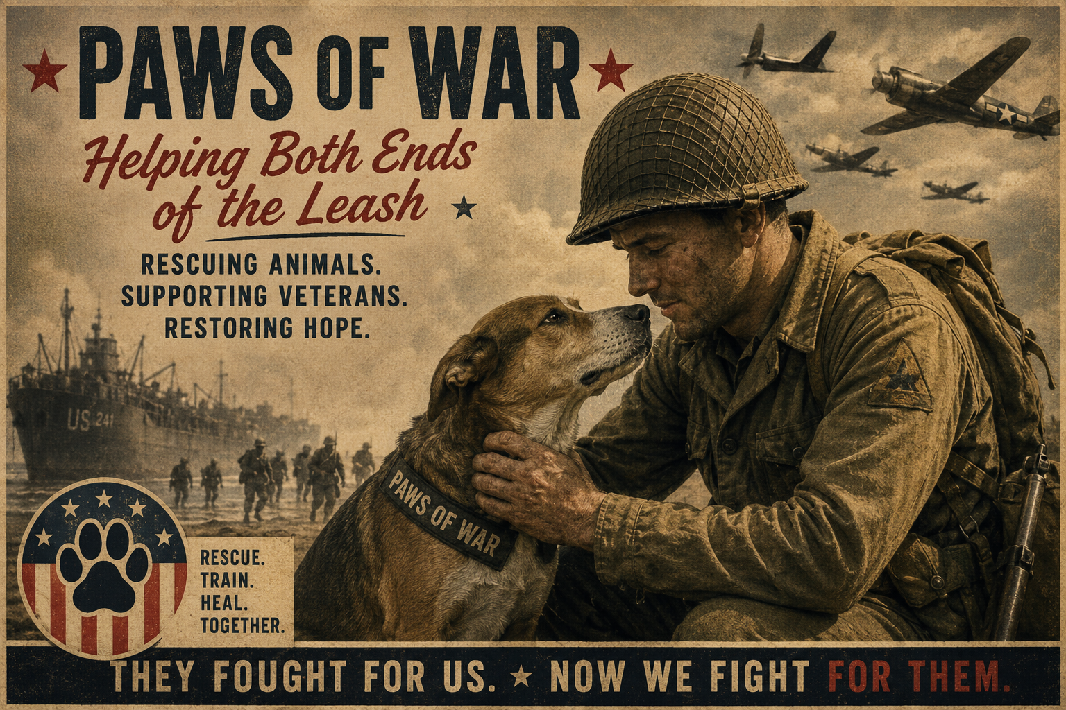 World War II inspired Paws of War artwork showing a service member kneeling beside a rescued dog