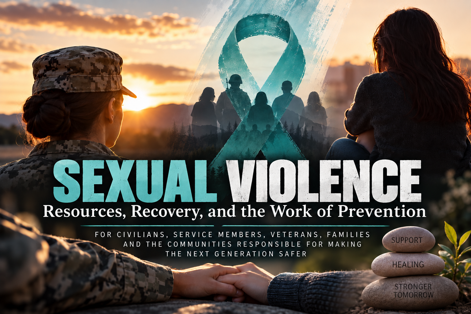 Dispatch artwork depicting military and civilian survivors, a teal awareness ribbon, supportive hands, and themes of healing and prevention