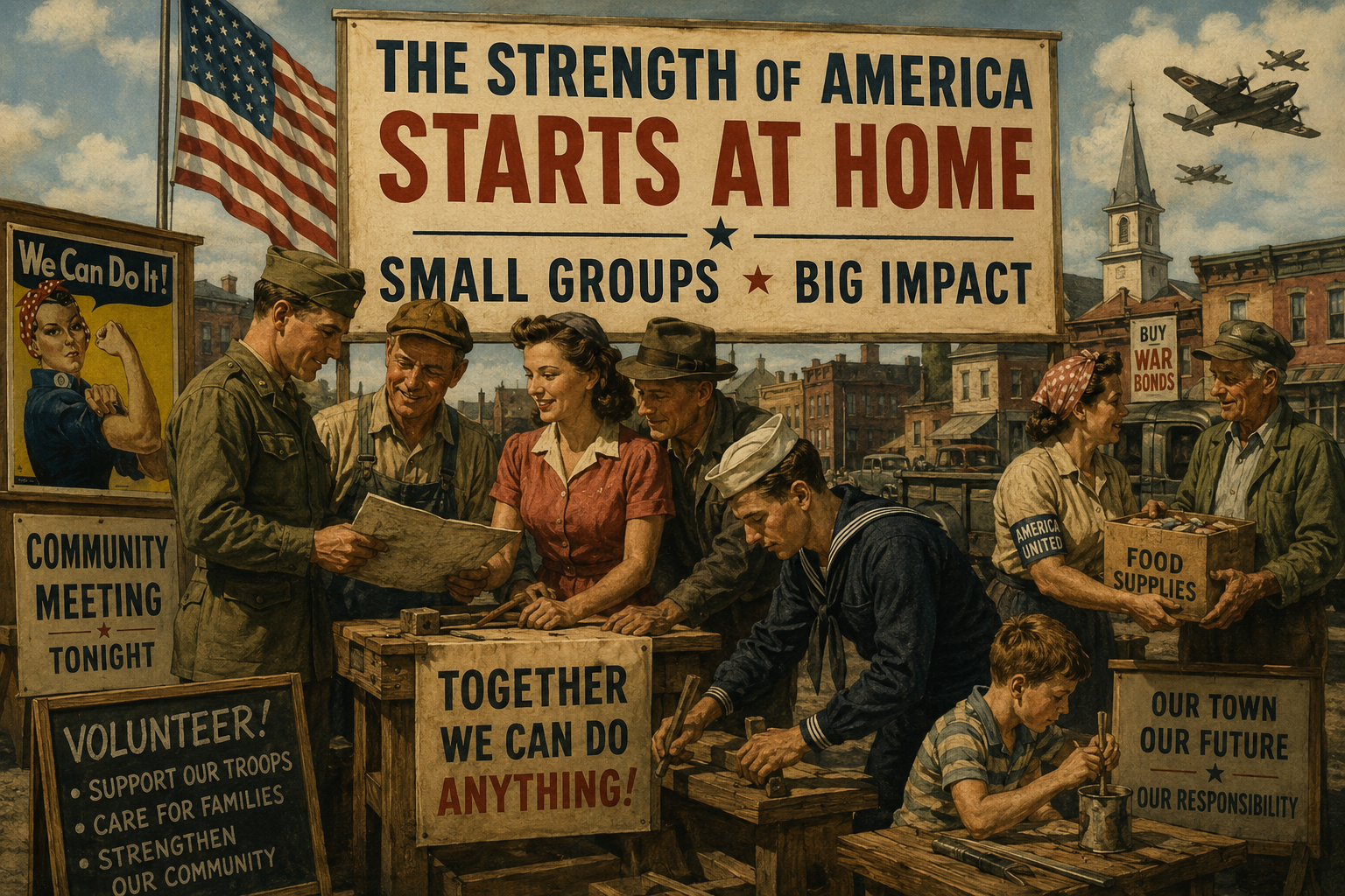 World War II inspired artwork showing local citizens, veterans, workers, and volunteers organizing to strengthen their community