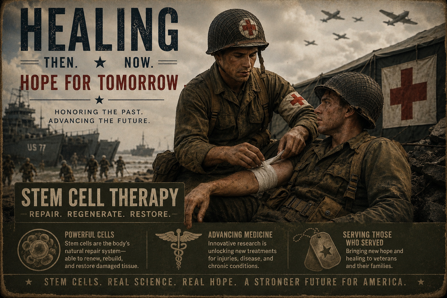 World War II inspired Dispatch artwork showing a combat medic treating a wounded soldier with a Stem Cell Therapy banner reading Repair, Regenerate, Restore