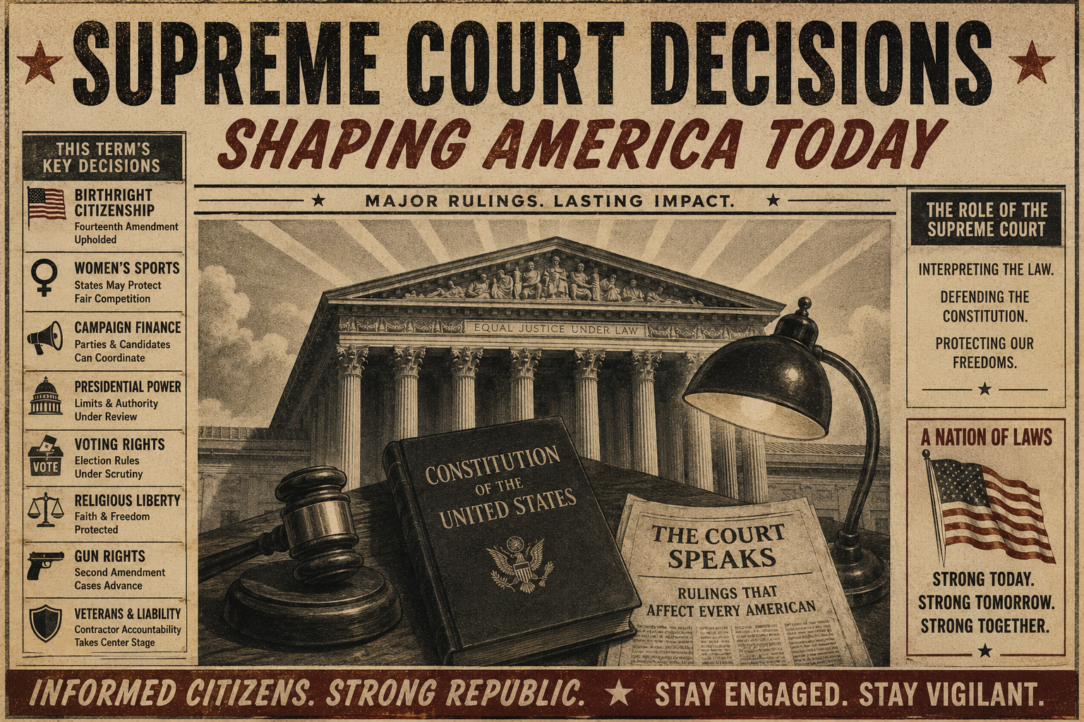World War II era inspired Dispatch artwork showing the Supreme Court, law books, a gavel, and major court decision themes