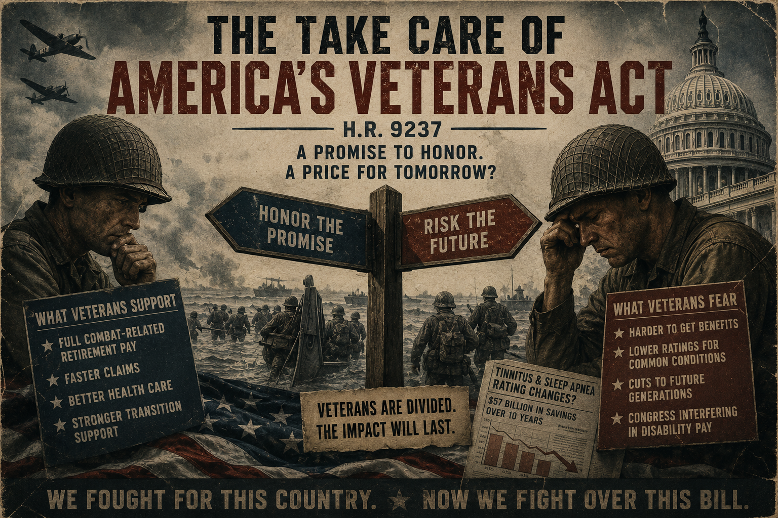 World War II inspired Dispatch artwork showing veterans divided over H.R. 9237, the Take Care of America's Veterans Act