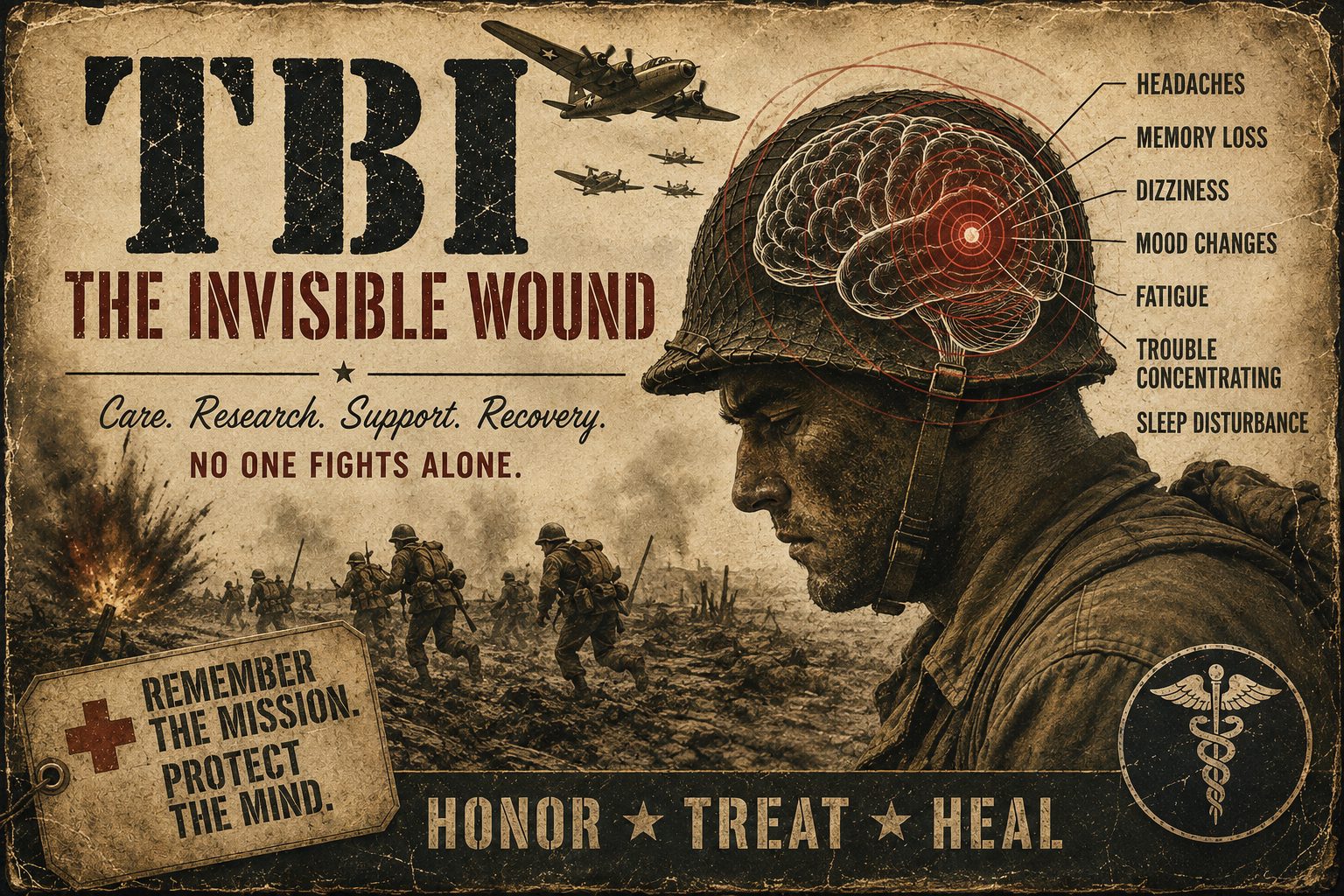 World War II inspired Dispatch artwork about traumatic brain injury showing a soldier, brain imagery, and battlefield elements