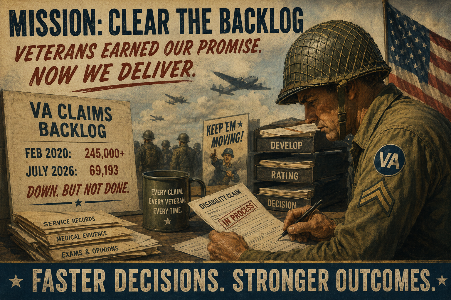 World War II inspired Dispatch artwork showing a veteran claims desk, VA paperwork, and mission clear the backlog messaging