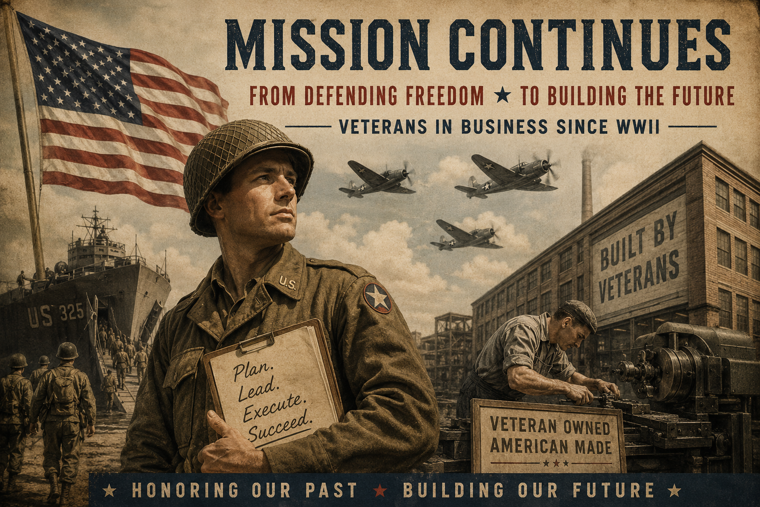 World War II inspired Dispatch artwork showing a veteran transitioning from military service into American business and industry