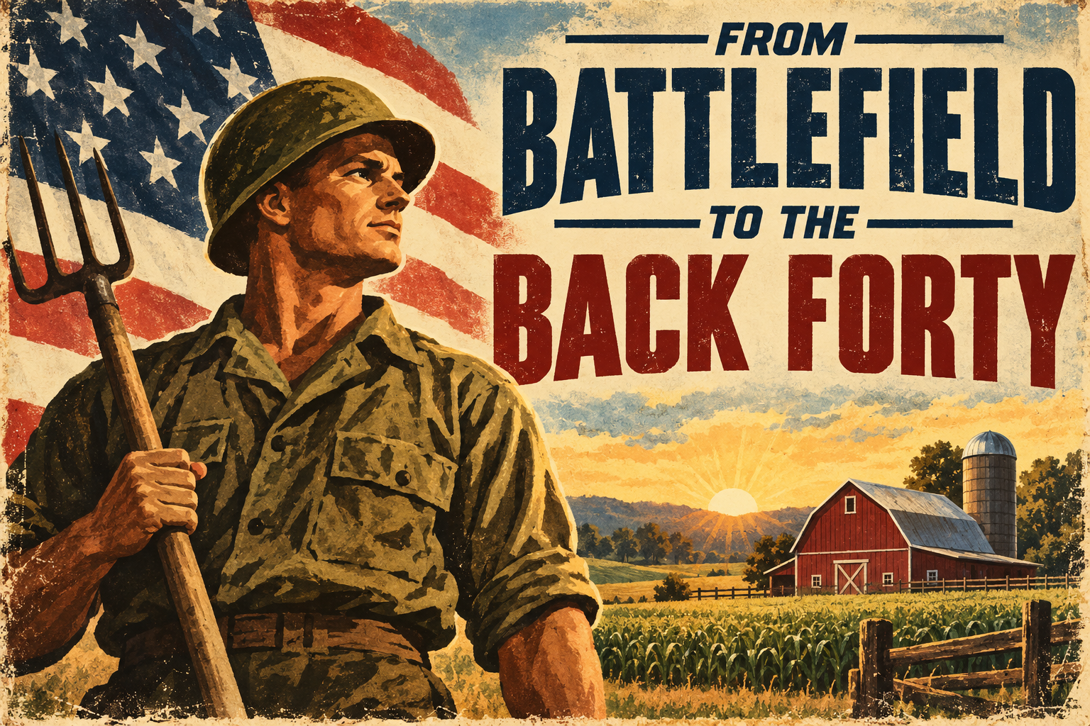 World War II inspired artwork of a veteran transitioning from military service to farming, with an American flag, barn, silo and fields