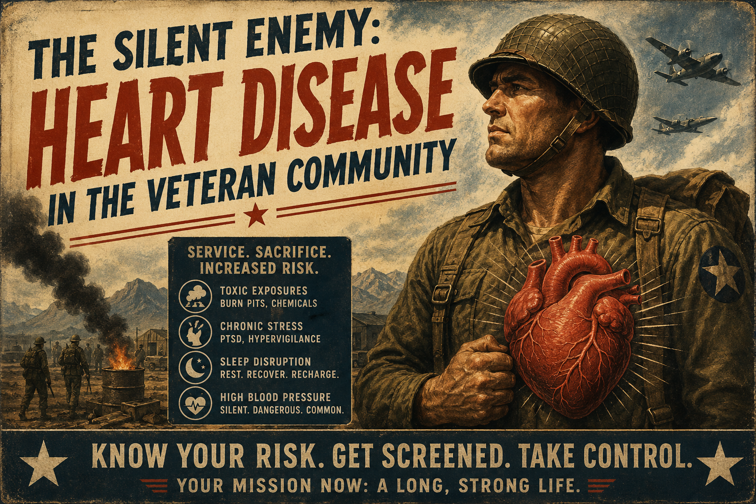 World War II inspired Dispatch artwork warning veterans about heart disease risk, toxic exposure, chronic stress, sleep disruption, and screening