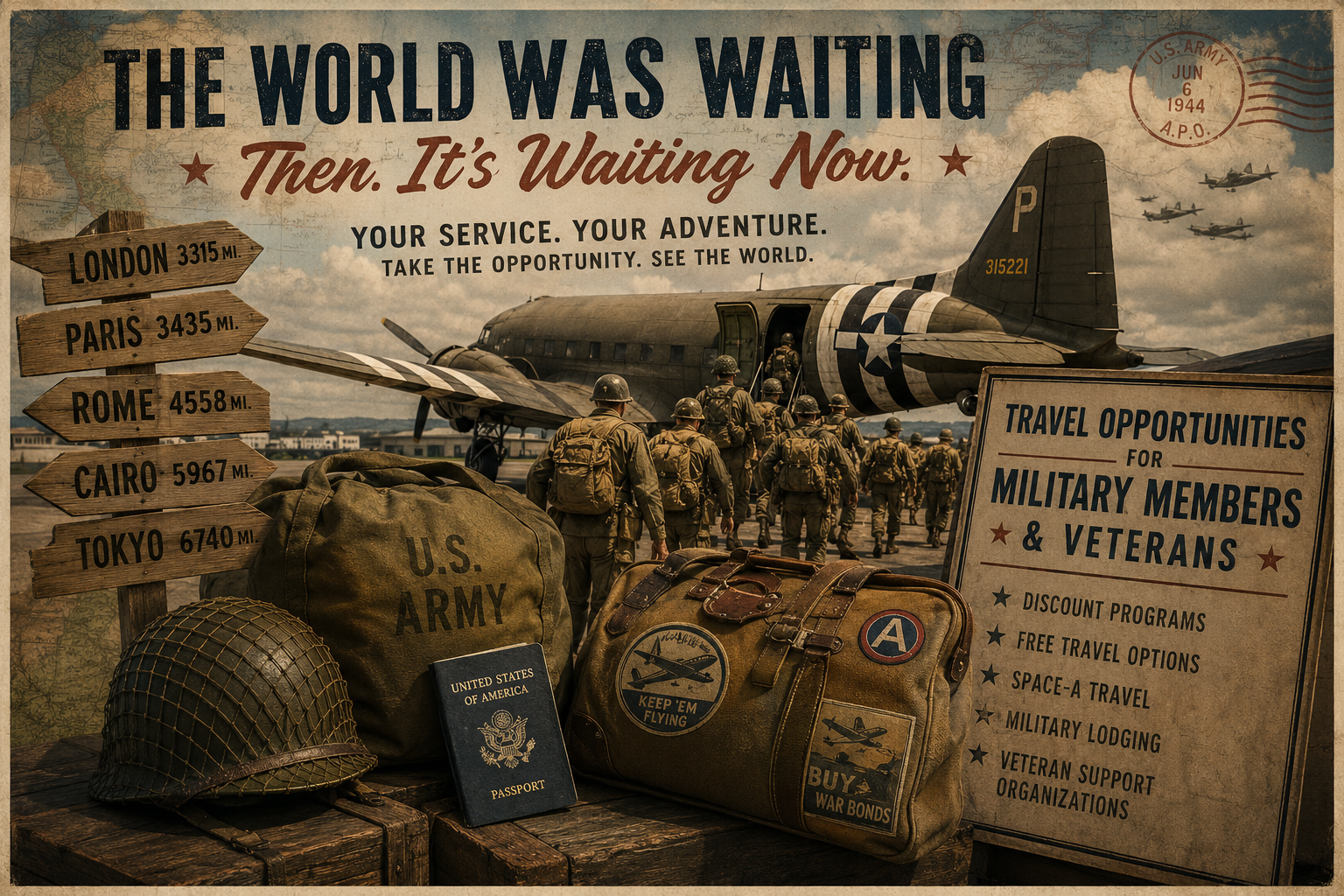 World War II inspired travel poster showing U.S. troops boarding a military transport aircraft with travel gear, destination signs, and military travel opportunities