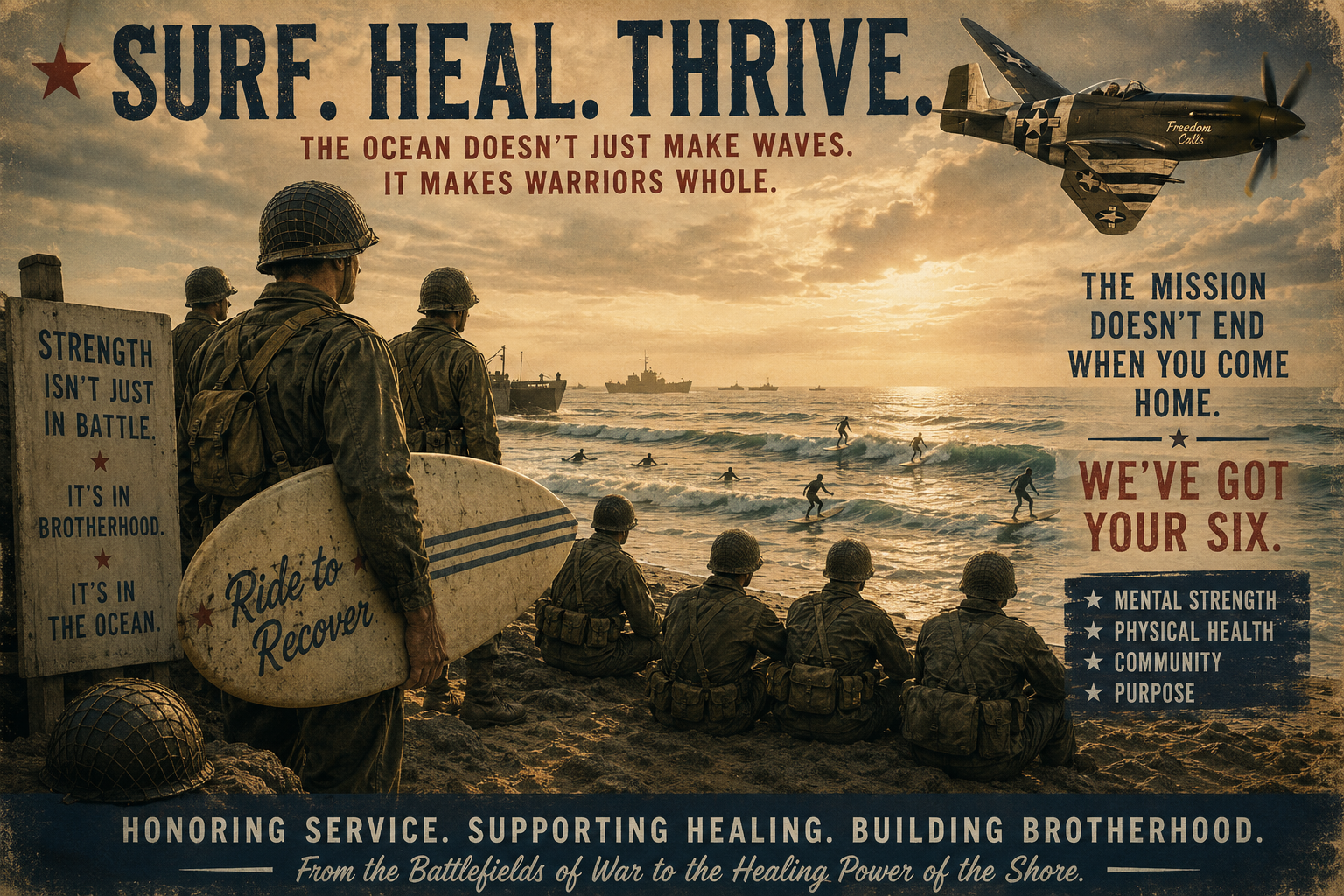 World War II inspired poster showing veterans gathering on a beach and surfing as a symbol of healing, strength, and brotherhood