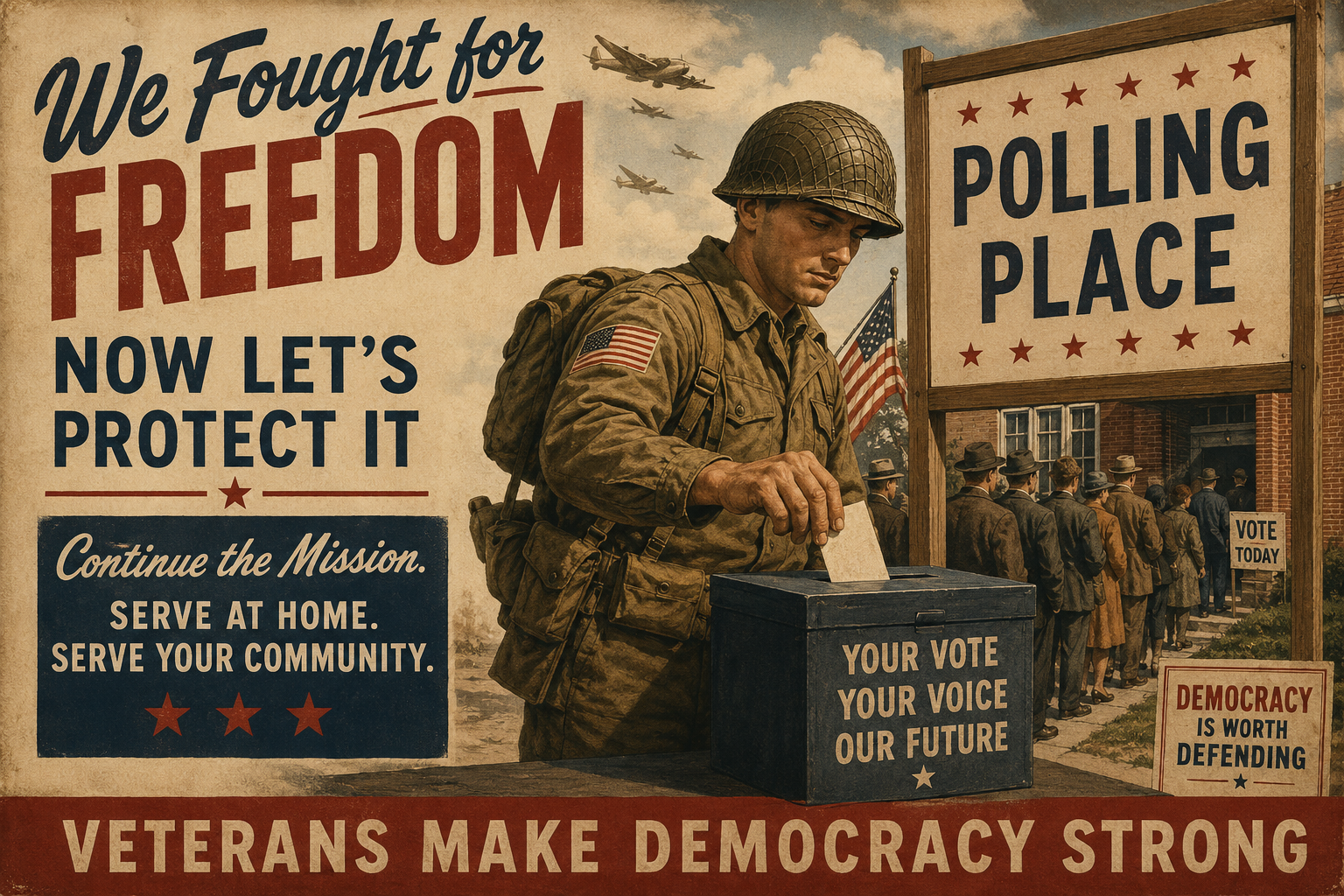 World War II inspired Dispatch artwork showing a veteran casting a ballot outside a polling place